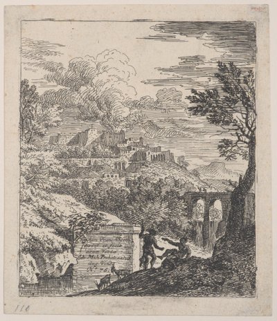 Two shepherds resting next to a pedestal, an aqueduct at right in the background by Franz Joachim Beich