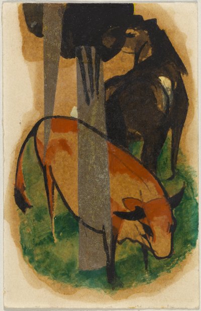 Red Horse and Yellow Ox, Postcard from Sindelsdorf to Alfred Kubin in Wernstein/Zwickledt by Franz Marc