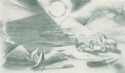 Primeval Landscape with Sun, Mountains, a Group of Horses by Franz Marc