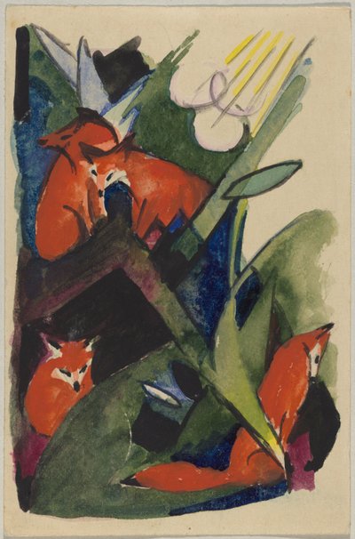 "Four Foxes", Franz Marc from Sindelsdorf to Wassily Kandinsky in Munich: Postcard, Postmarked 04.02.1913 by Franz Marc