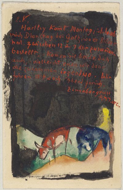 "Vermilion Greeting", Franz Marc from Sindelsdorf to Wassily Kandinsky in Munich: Postcard, Postmarked 19.04.1913 by Franz Marc