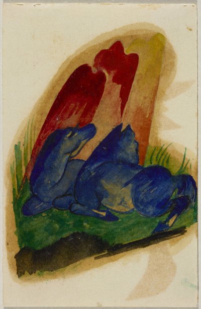 Two Blue Horses in Front of Red Rock, Postcard from Sindelsdorf to Wassily Kandinsky in Munich by Franz Marc