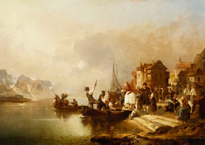 A Wedding Party Boarding a Boat by Franz Richard Unterberger