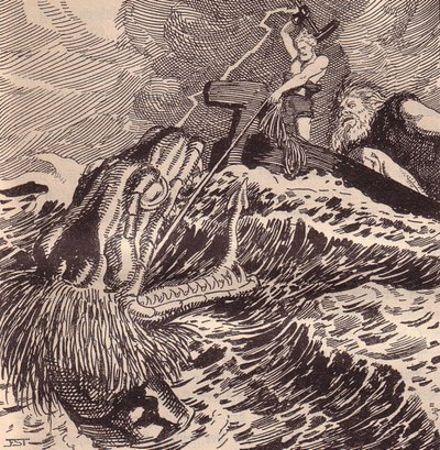 Thor and Hymir Fishing. Illustration for The Edda: Germanic Gods and Heroes by Hans von Wolzogen by Franz Stassen