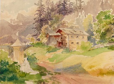 Alpine Landscape with Farmhouse and Woman in Front of a Wayside Shrine by Franz Steinfeld