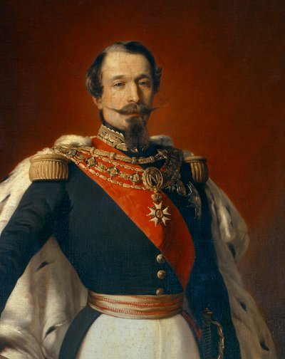 Portrait of Napoleon III (1808-1873), Emperor of the French in front of a view of the Chateau de Saint Cloud. (Detail) of painting by Franz Xaver Winterhalter (1806-1873) by Franz Xaver  Winterhalter (after)