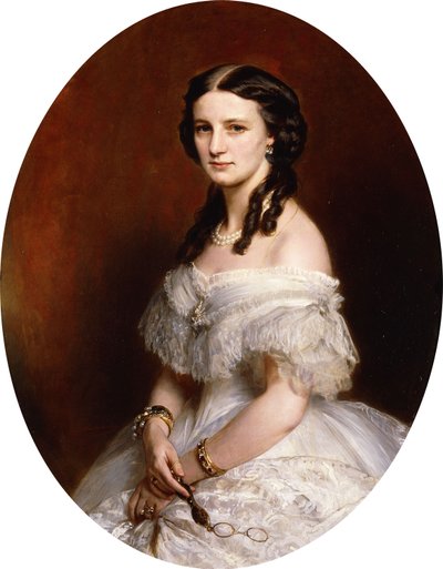 Portrait of a Lady, Half Length, Wearing a White Dress and Holding a Pair of Lunettes by Franz Xaver Winterhalter