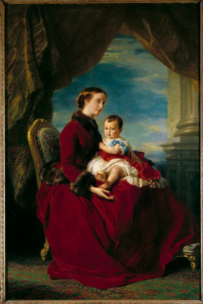 Portraits of Empress Eugenie and Imperial Prince. Eugenie de Montijo (1826 - 1920) and her son with Napoleon III, Napoleon Eugene Louis Bonaparte (1856-1879) by Franz Xaver Winterhalter