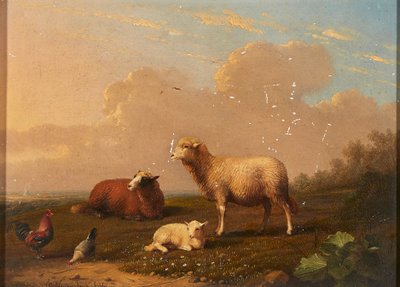 Sheep and Chickens in a Meadow by Franz van Severdonck