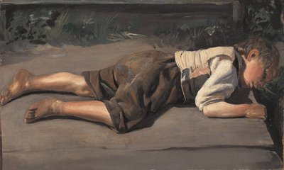 Peasant Boy Lying on a Wooden Bridge by Franz von Lenbach