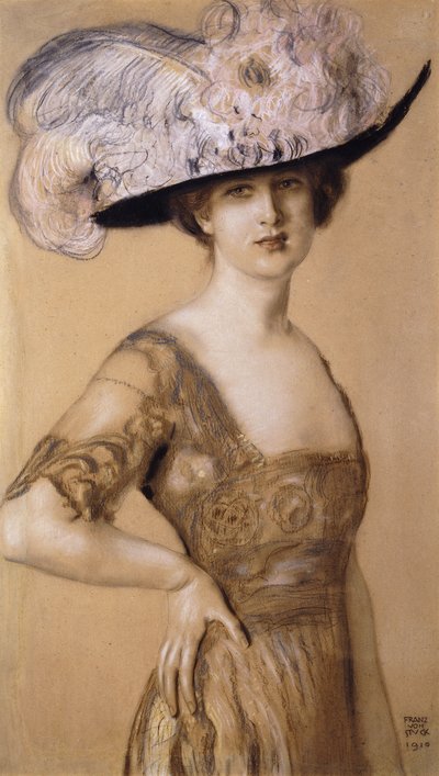 Portrait of a Lady wearing a Feather Hat by Franz von Stuck