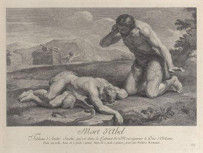 Adam kneels in grief beside the body of Abel, while Cain flees in the background by Frédéric Horthemels