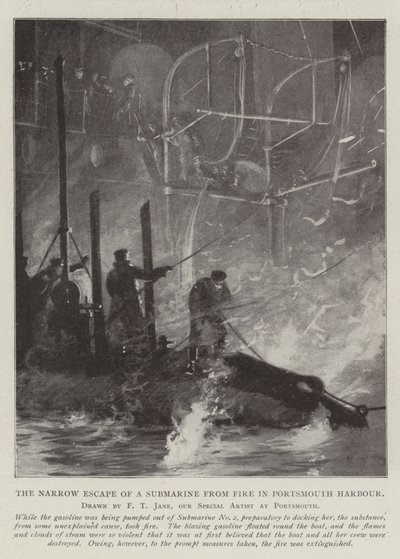 The Narrow Escape of a Submarine from Fire in Portsmouth Harbour by Fred T. Jane