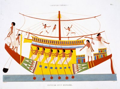 A Riverboat on the Nile, from a Rare Record of Frescoes from Thebes, recorded 1819-1822 on his second visit to Egypt by Frederic Cailliaud by Frederic (after) Cailliaud