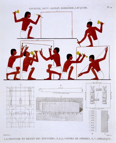 Stonemasons at Work, from a Rare Record of Frescoes from Thebes, recorded 1819-1822 on his second visit to Egypt by Frederic Cailliaud by Frederic (after) Cailliaud