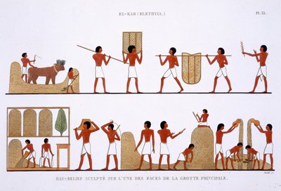 Transporting, Storing and Recording the stores of Grain, from a Rare Record of Frescoes from Thebes, recorded 1819-1822 on his second visit to Egypt by Frederic Cailliaud (1787-1869) by Frederic (after) Cailliaud