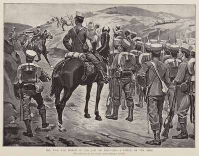 The War, the March of the Japs on Ping-Yang, a check on the road by Frederic (after) Villiers