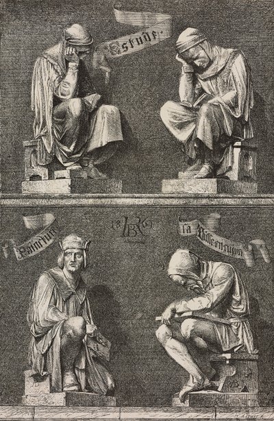 Allegory of Study, decorative figures at the base of the statue of Martin Schongauer by Frederic Auguste Bartholdi