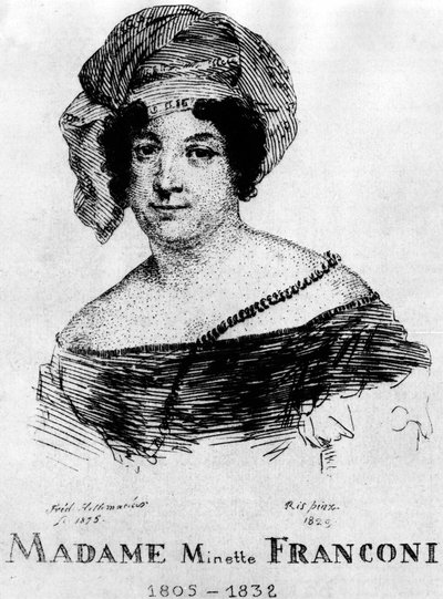 Circus: Eau forte by Frédéric Hillemacher, portrait of Mrs. Minette Franconi (1805-1832) - in The Franconi Circus. by Frederic Desire Hillemacher