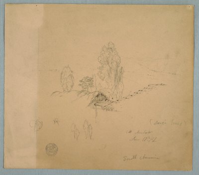 A Thatch Roof and a Tiled Roof with Tree Tops in a Mountainous Landscape near Chimborazo, Ambato, Ecuador, June 17, 1857 by Frederic Edwin Church