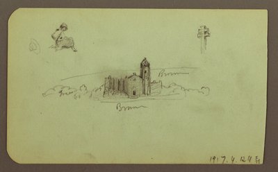 Hills, Church, Bridge; Figure, Cross, Church, 1883 by Frederic Edwin Church