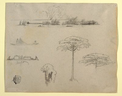 Sketches from Colombia: River Landscape, Men on Rafts, and Trees by Frederic Edwin Church