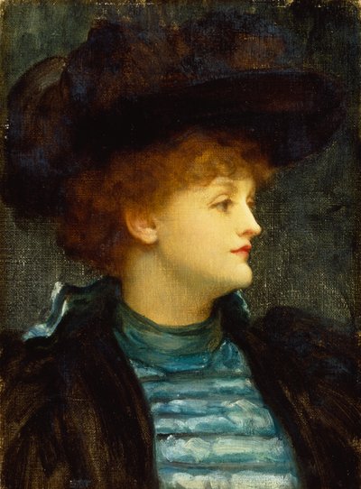 Portrait of Woman in Turquoise Dress With Black Coat and Hat by Frederic Leighton