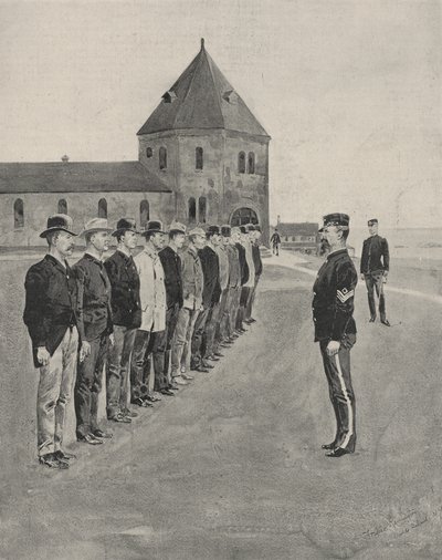 A First Lesson in The Art of War. Recruits for the Two Additional Artillery Regiments at Fort Slocum, Davids Island, Long Island Sound by Frederic Remington