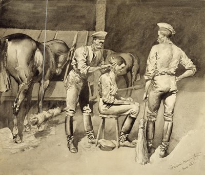 A Haircut in a Cavalry Stable by Frederic Remington