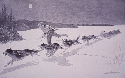 French Fur Trapper in Canada with Huskie Dogs on Frozen Lake by Frederic Remington
