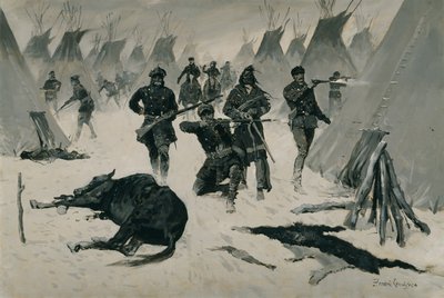 The Defeat of Crazy Horse (The Defeat of Crazy Horse by Colonel Miles, January 1877, Winter Attack on an Indian Village) c.1901, possibly c.1896 by Frederic Remington