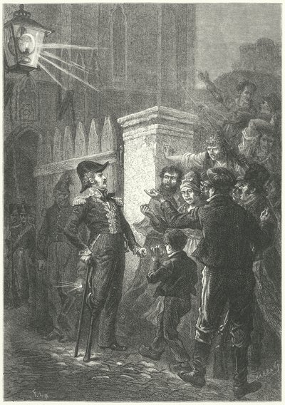 General Daumesnil confronts the Parisian mob outside the Chateau de Vincennes during the French Revolution of 1830 by Frederic Theodore (after) Lix