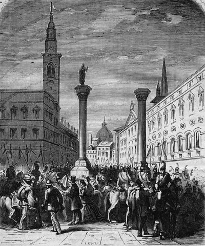 The cavalry of the Kingdom of Italy occupying Piazza dei Signori in Vicenza, liberated from the Austrians in 1866. Engraving from a drawing by Lix. In 