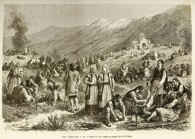 A feast in Thebes, that of the careme of the Virgin, bringing together all the inhabitants of the city and the surrounding area, each family robs a sheep for the occasion, in the foreground, men prepare the animal before cooking it. Engraving after the dra by Frederic Theodore Lix