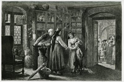 At the pharmacist of the village of Kaysersberg, an emergency consultation. Engraving to illustrate the story 