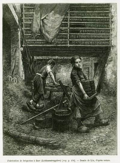 Child labour in briquetting, Barr. Engraving to illustrate the story A Through Alsace and Lorraine, in 1887, by Charles Grad, in the tour du monde 1888, directed by Edouard Charton, Hachette, Paris. by Frederic Theodore Lix