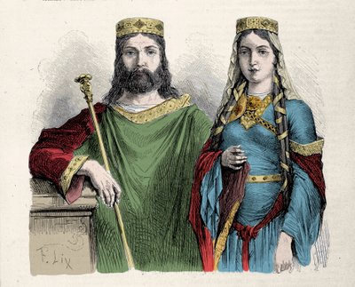 Clovis (481-511) king of the Franks with his second wife Saint Clotilde (Clothilde) queen. Engraving by Lix. by Frederic Theodore Lix