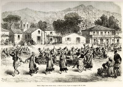 Folk dance in the village square Haggia Anna (St. Anne). Engraving after the drawing of Lix, to illustrate the voyage in Greece, by Henri Belle, in 1861-1868-1874, published in Le tour du monde 1876, edited by Edouard Charton, Hachette edition, Paris by Frederic Theodore Lix