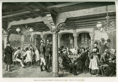 Interior of the Tiefenkeller tavern in Strasbourg. Engraving by Lix, to illustrate the story 