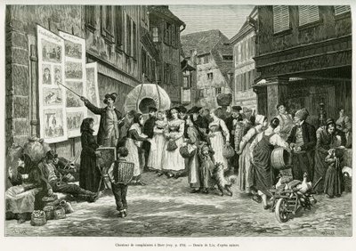 Lament singer in the streets of Barr. Engraving by Lix, to illustrate the story 