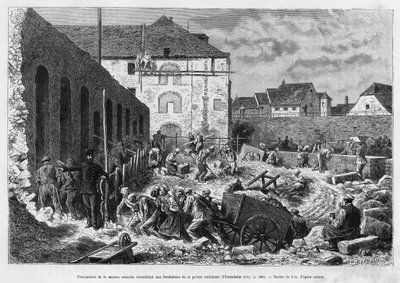 Prisoners of the central house working on the foundations of the Ensisheim cell prison. Engraving by Lix to illustrate the story A travers l