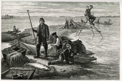 Salmon fishing. Engraving by F.Lix, to illustrate the story 
