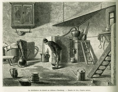 The distillation of the kirsch at the castle of Isenburg. Engraving to illustrate the story A Through Alsace and Lorraine, in 1887, by Charles Grad, in the tour du monde 1888, directed by Edouard Charton, Hachette, Paris. by Frederic Theodore Lix