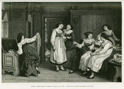 The old Alsatian costume. Engraving after a painting Present de Noces by Pabst, to illustrate the story A Through Alsace and Lorraine, by Charles Grad, in 1885, in the tour du monde 1887, under the direction of Edouard Charton. by Frederic Theodore Lix