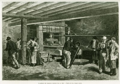 The wine press of the Alsatian winemakers. Engraving to illustrate the story A Through Alsace and Lorraine, in 1887, by Charles Grad, in the tour du monde 1888, directed by Edouard Charton, Hachette, Paris. by Frederic Theodore Lix
