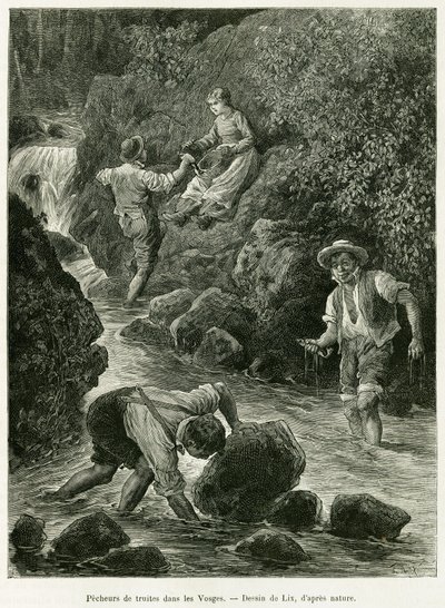 Trout fishermen in the Vosges. Engraving by Lix, to illustrate the story 