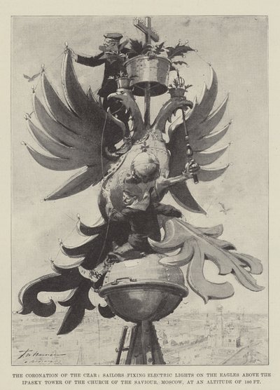 The Coronation of the Czar, Sailors Fixing Electric Lights on the Eagles above the Ipasky Tower of the Church of the Saviour, Moscow, at an Altitude of 180 Feet by Frederic de Haenen