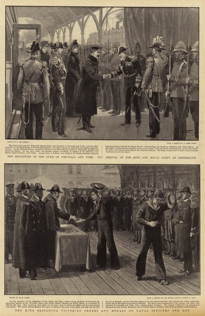 The Departure of the Duke of Cornwall and York, the Arrival of the King and Royal Party at Portsmouth, the King Bestowing Victorian Orders and Medals on Naval Officers and Men by Frederic de Haenen