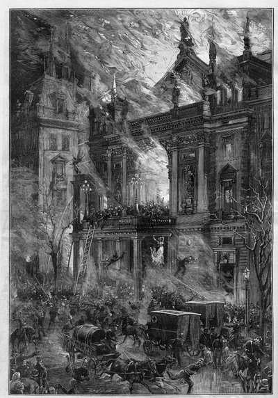 The Fire of the Opera Wiener Ringtheater in Vienna on 5 December 1881. Engraving by De Haenen in 
