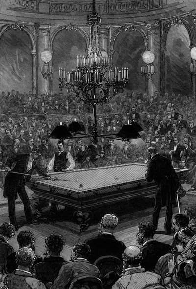 The grand international billiard match between Mr. Slosson and Mr. Vignaux in the Zodiaque room at the Grand Hotel de Paris by Frederic de Haenen